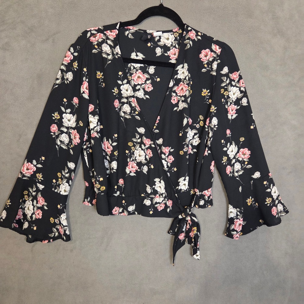 Divided Floral Wrap Blouse Women's Size 12 Bell Sleeve Boho Cottagecore